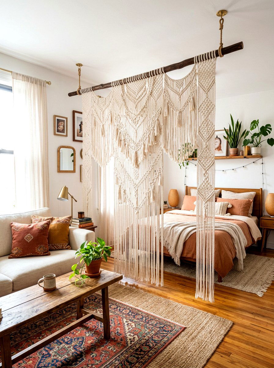 Hanging Macrame Screen - 30 studio apartment divider ideas
