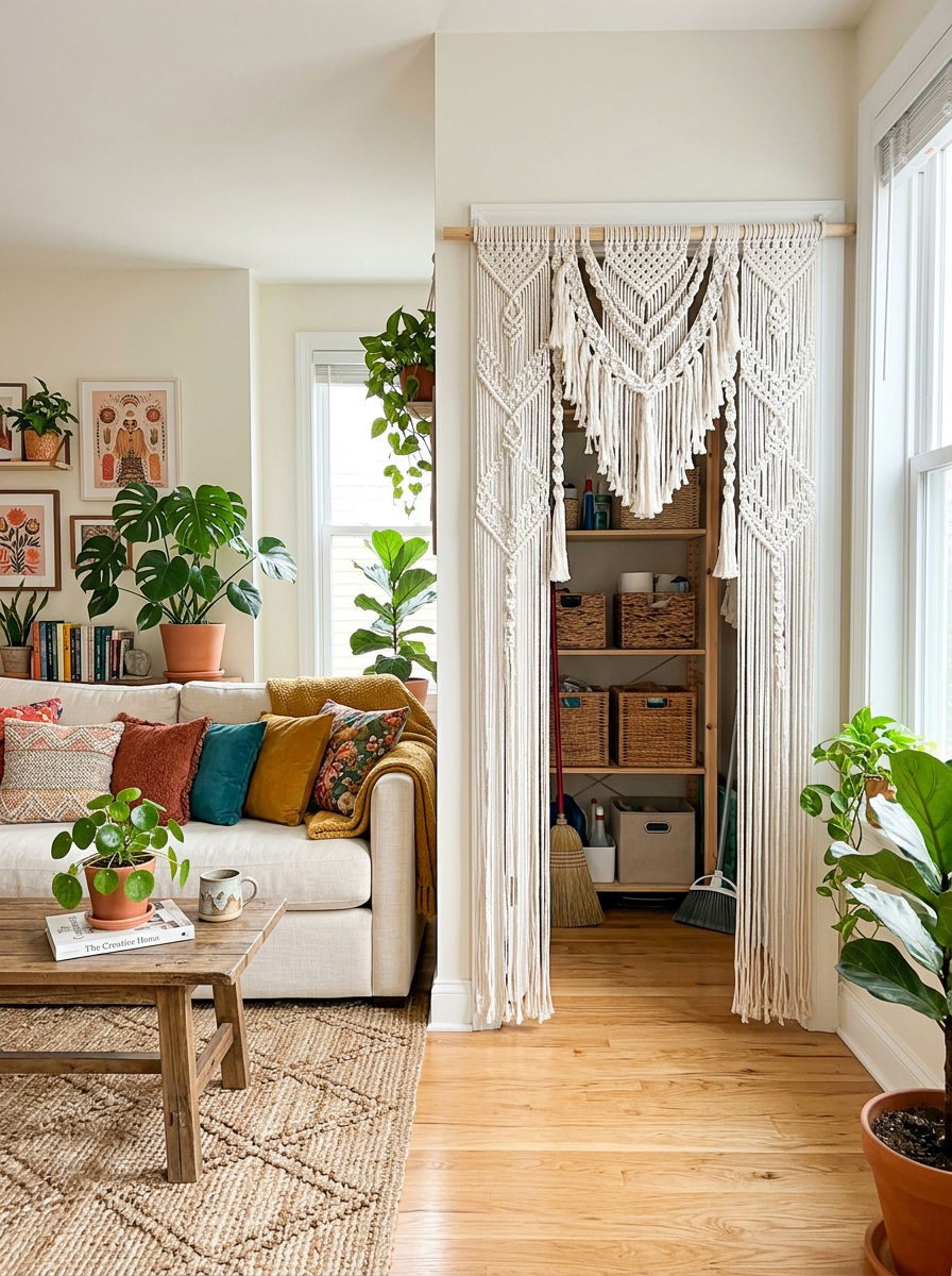 Hanging Macrame Space Divider - 30 utility area screen ideas