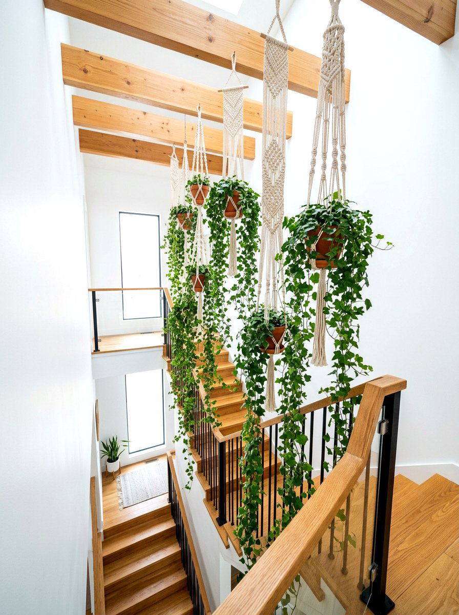 Hanging Macrame Stairwell Plants - 30 stair landing plant nook ideas