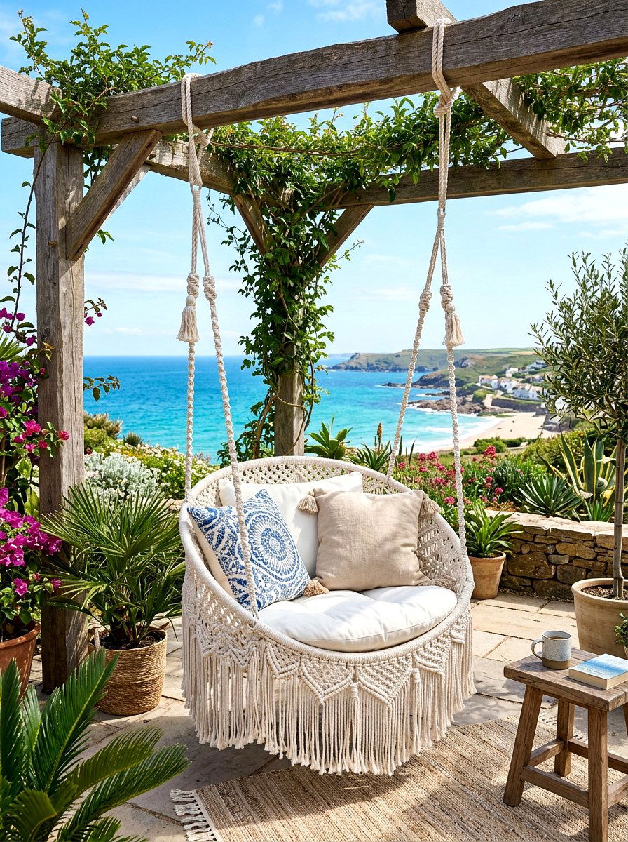 Hanging Macrame Swing - 30 Mediterranean patio lounge ideas