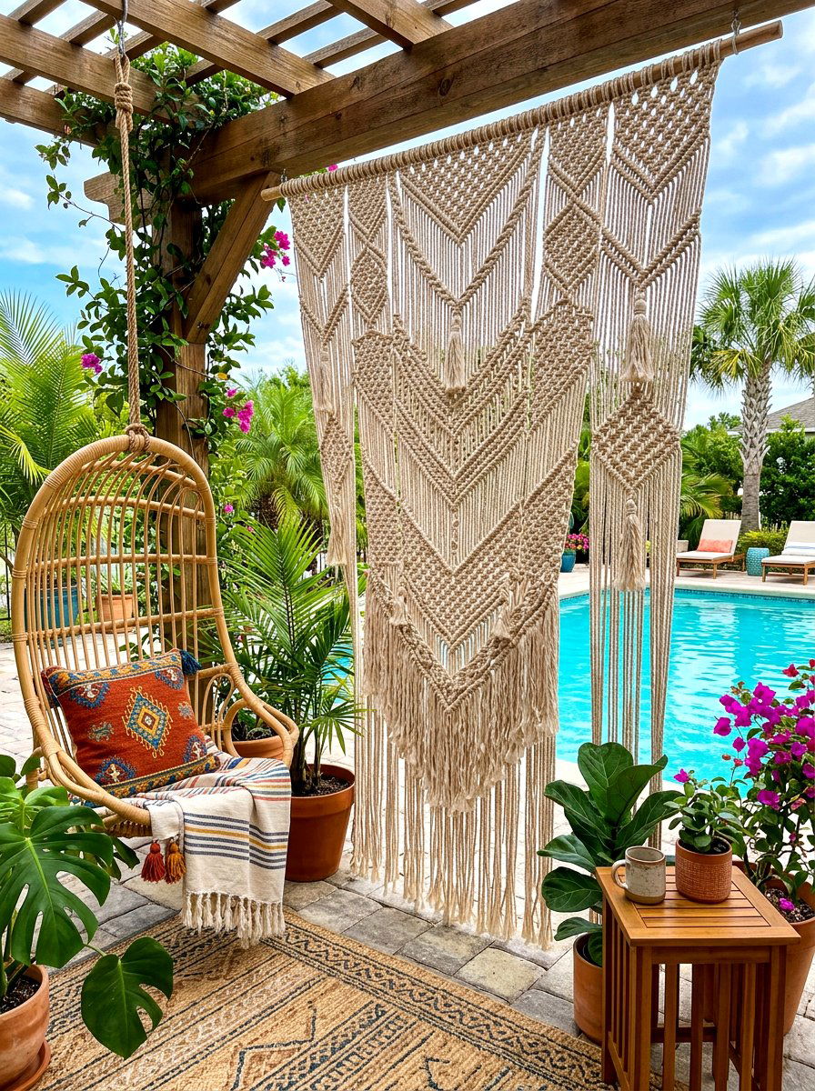 Hanging Macrame Wall - 30 poolside privacy screen ideas