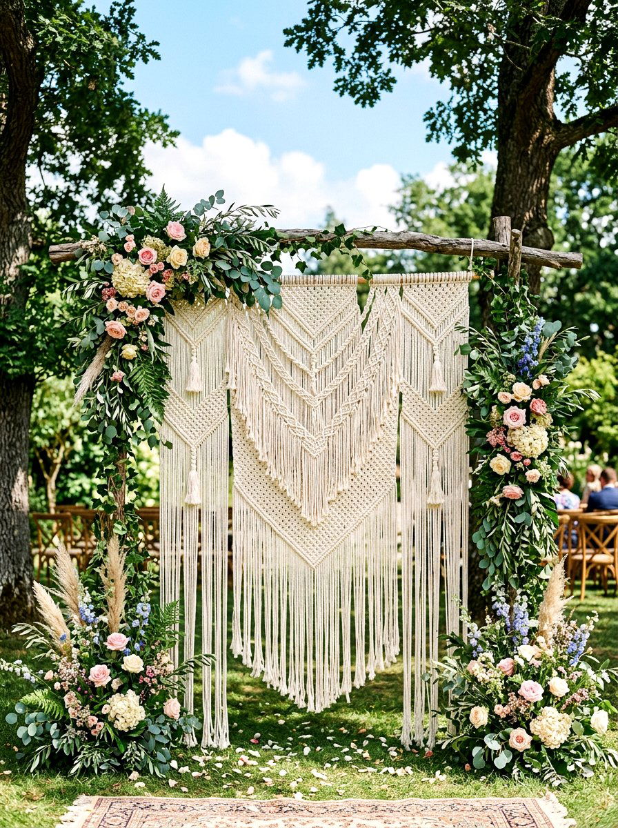 Hanging Macrame Wedding Backdrop - 30 backyard wedding decor ideas