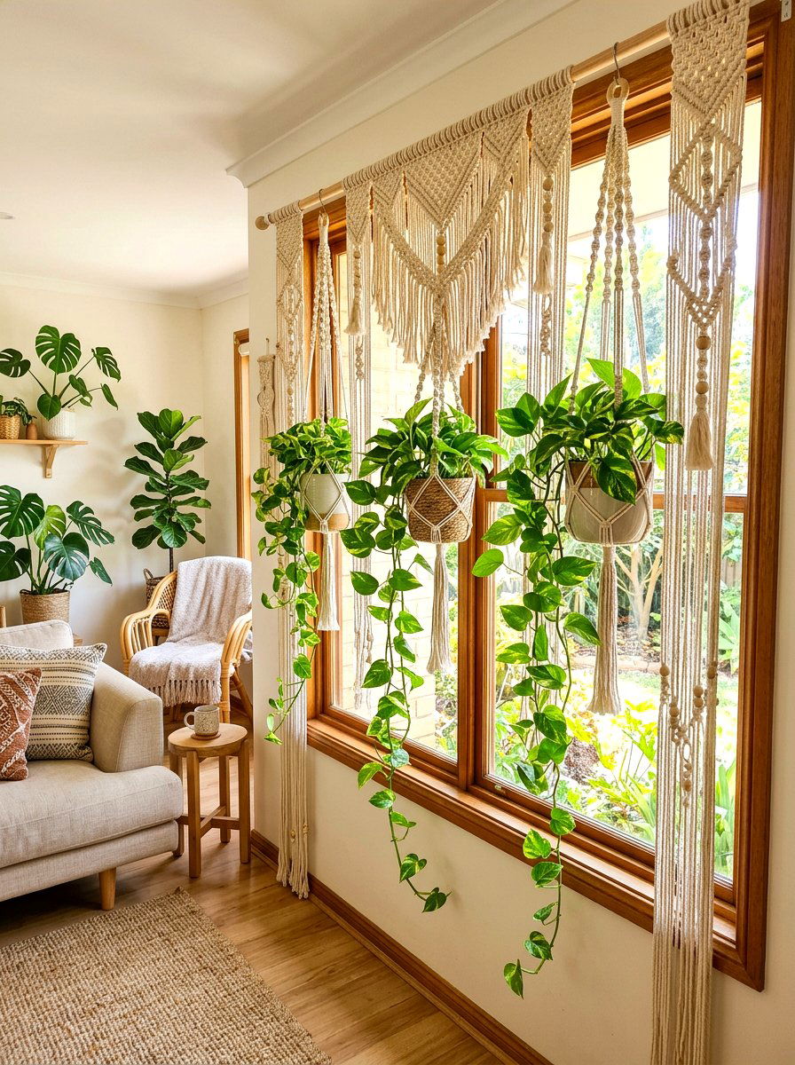 Hanging Macrame Window Display - 30 windowsill planter ideas