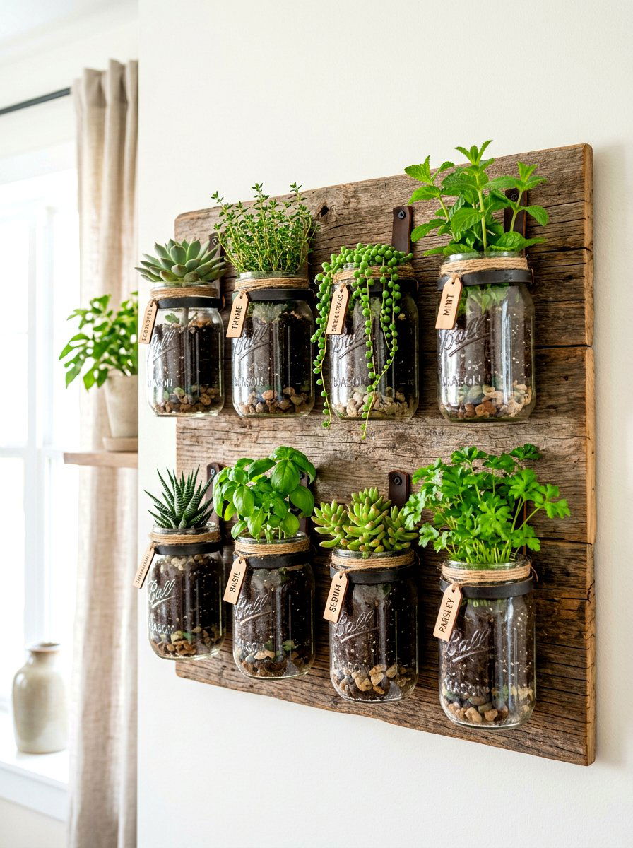 Hanging Mason Jar Garden - 30 rustic vertical garden ideas