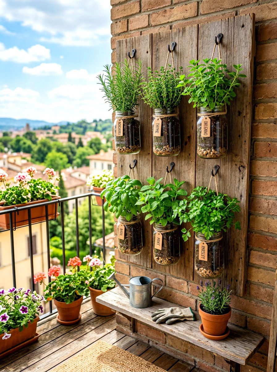Hanging Mason Jar Herb Garden - 30 balcony vertical garden ideas