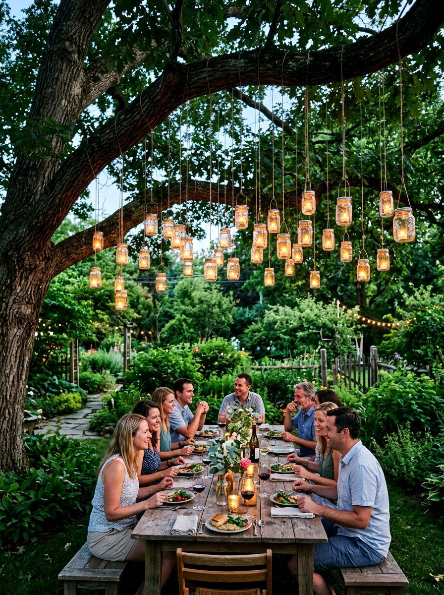 Hanging Mason Jars - 30 backyard candlelight dinner ideas