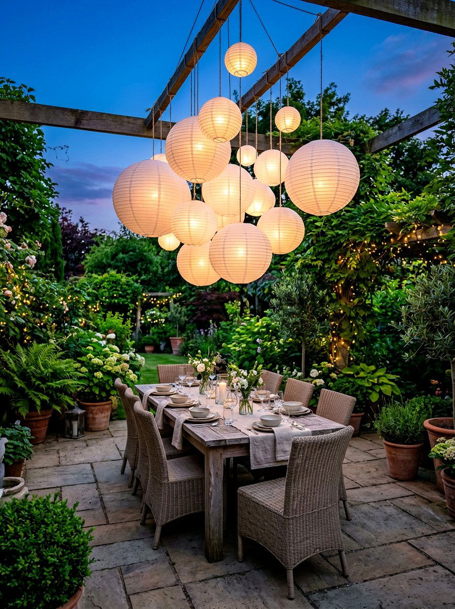 Hanging Paper Lantern Cluster - 30 lantern cluster patio ideas