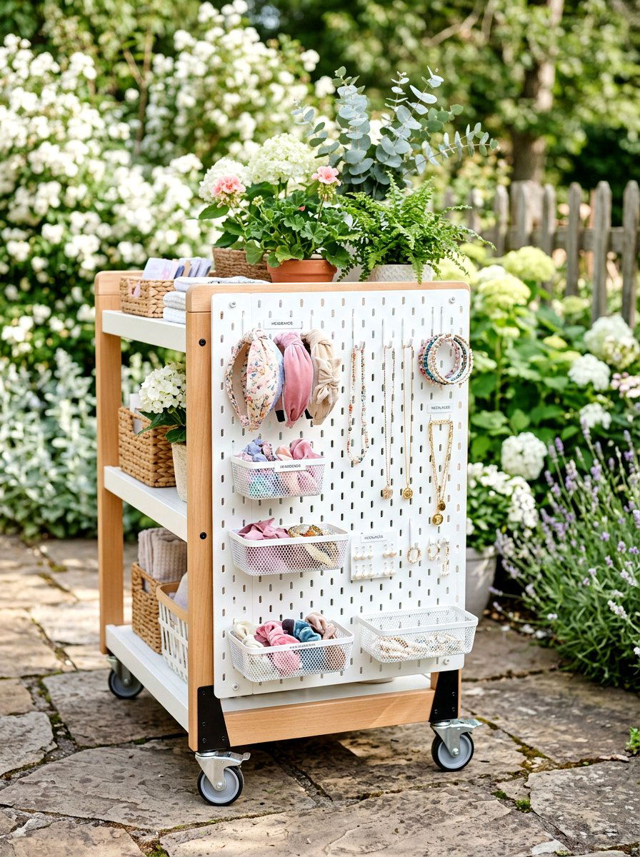 Hanging Pegboard Attached To Rolling Cart Side - 30 beauty cart organization ideas