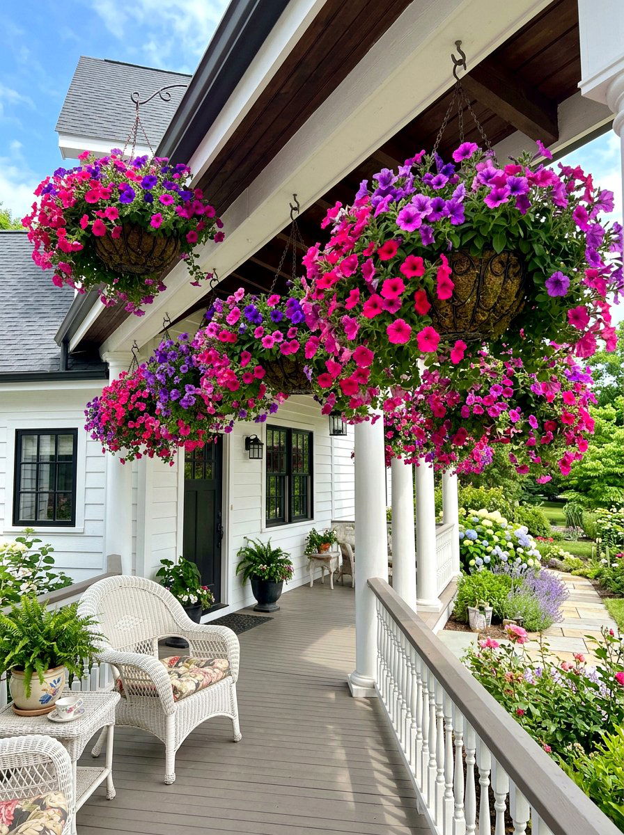 Hanging Petunia Baskets - 30 floral doorway ideas