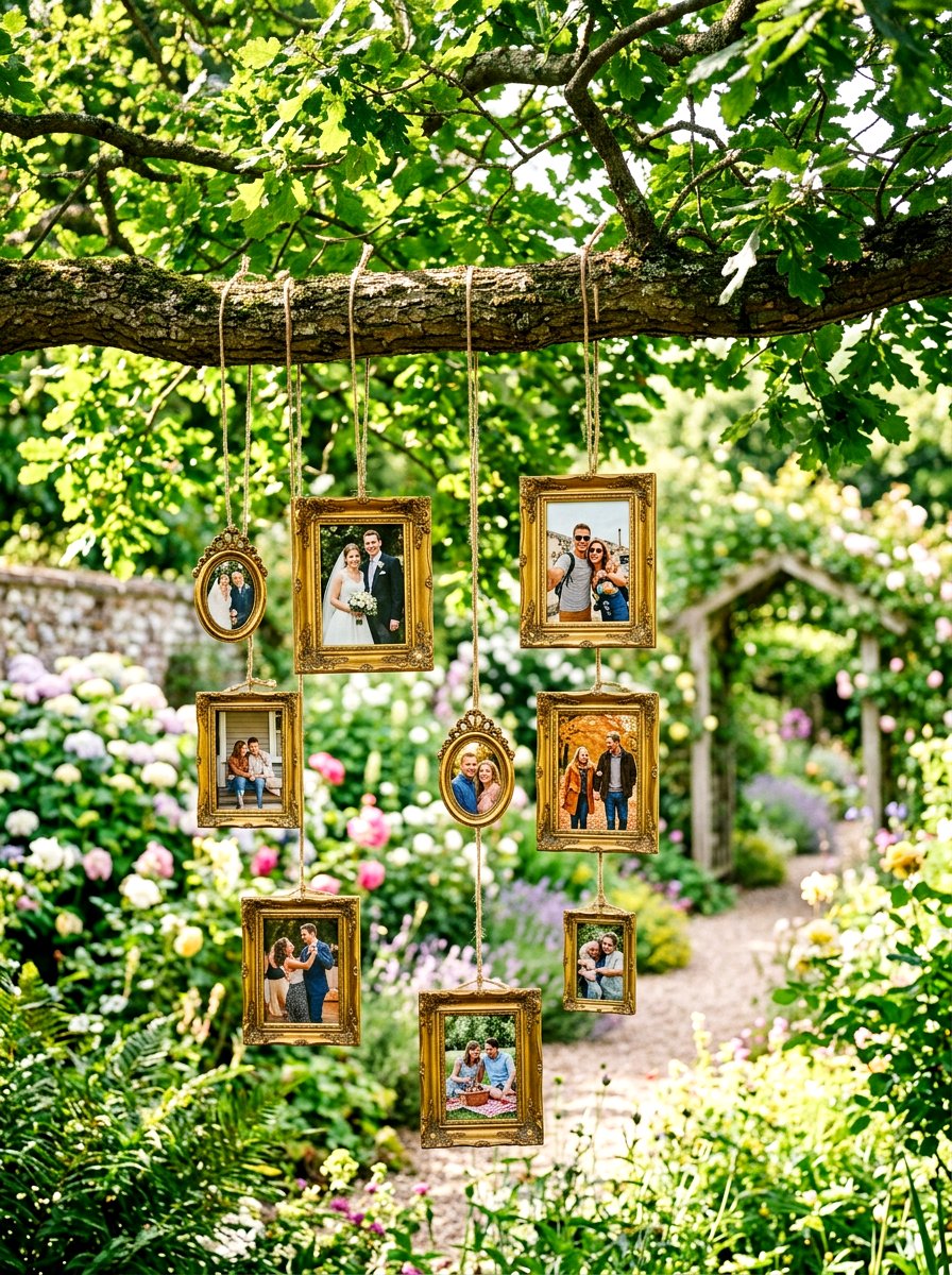 Hanging Picture Frame Display - 30 backyard wedding decor ideas