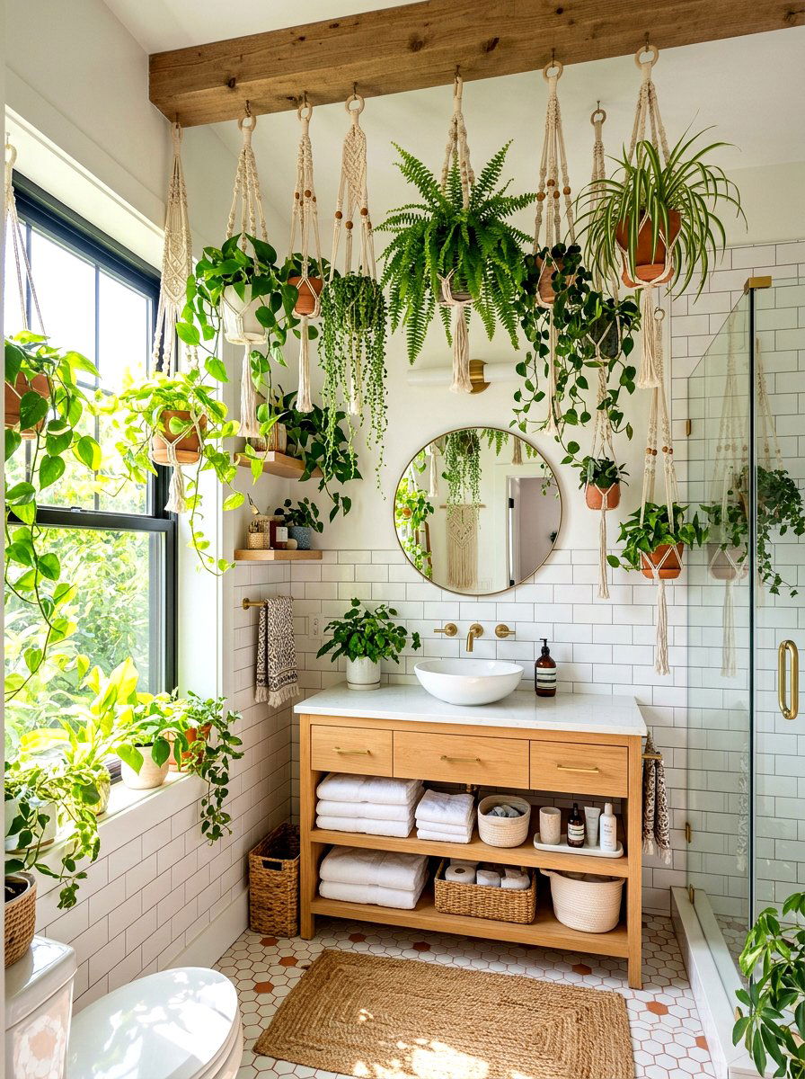 Hanging Plant Bathroom - 30 forest inspired bathroom ideas