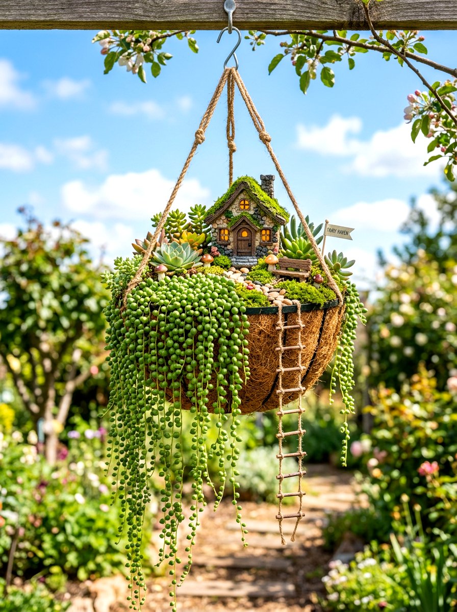 Hanging Planter Fairy Garden - 30 miniature fairy garden ideas