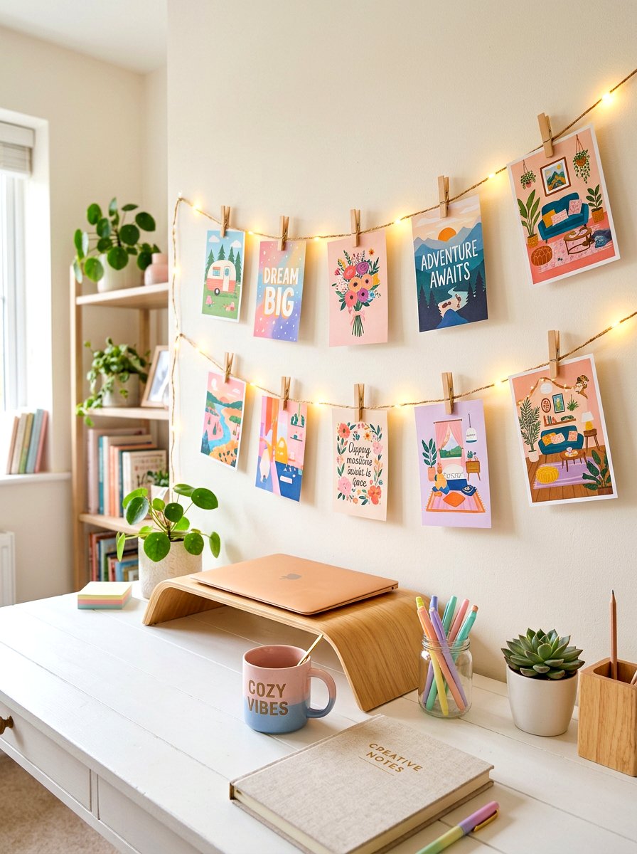 Hanging Postcard String - 30 postcard wall decor ideas