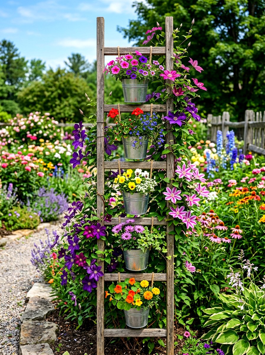 Hanging Pot Ladder Trellis - 30 ladder planter ideas