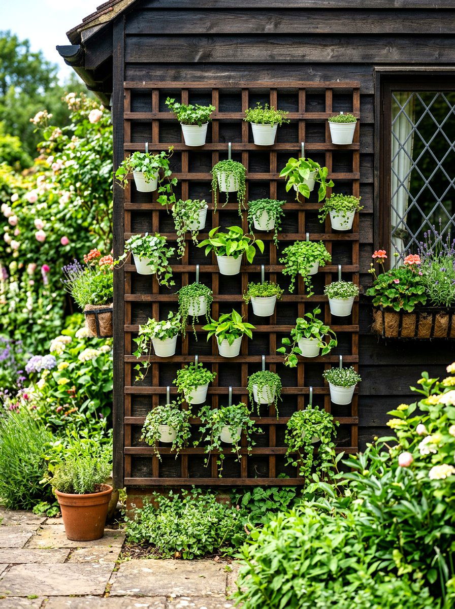 Hanging Pot Lattice - 30 outdoor vertical garden ideas