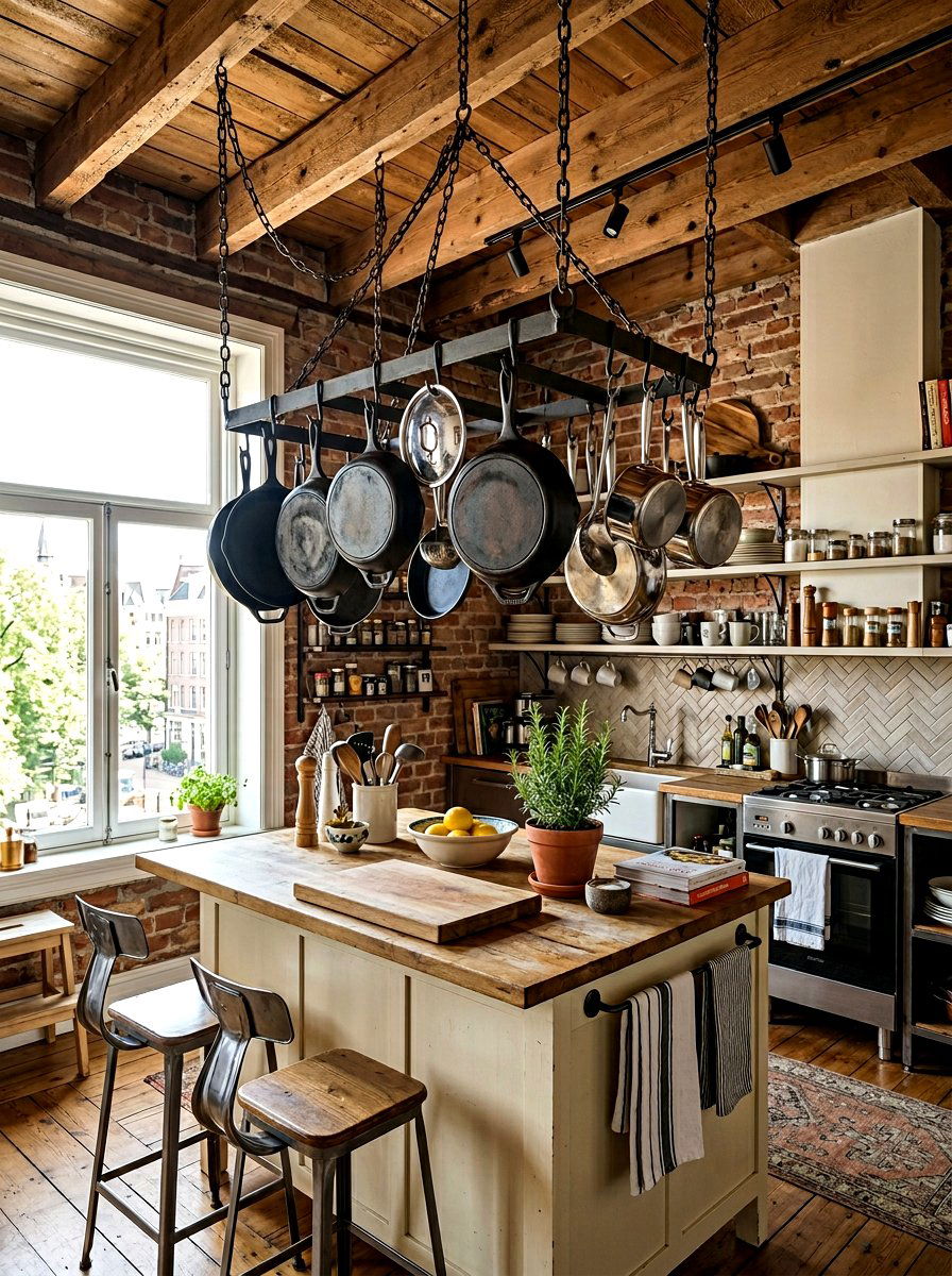 Hanging Pot Rack - 30 tiny apartment kitchen ideas