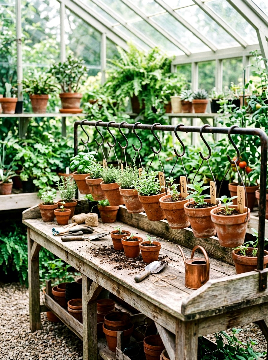 Hanging Pot Rail - 30 potting bench storage ideas