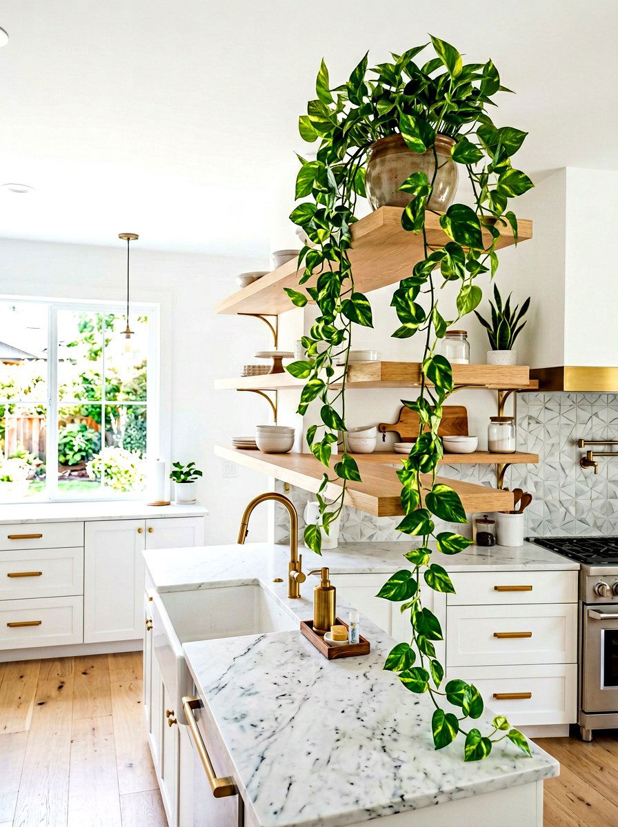 Hanging Pothos Kitchen Shelf - 30 faux plant decor ideas