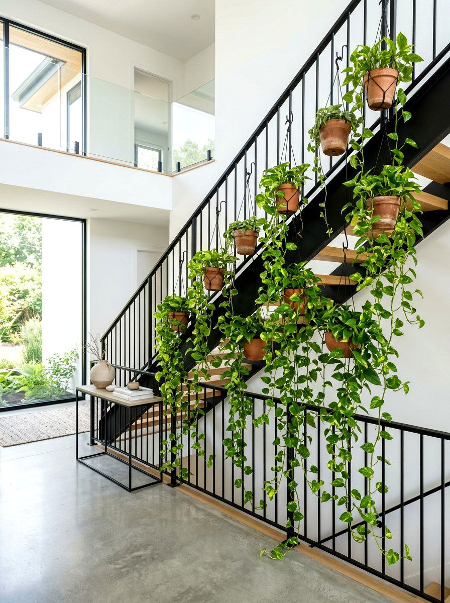 Hanging Pothos Railing - 30 staircase plant corner ideas