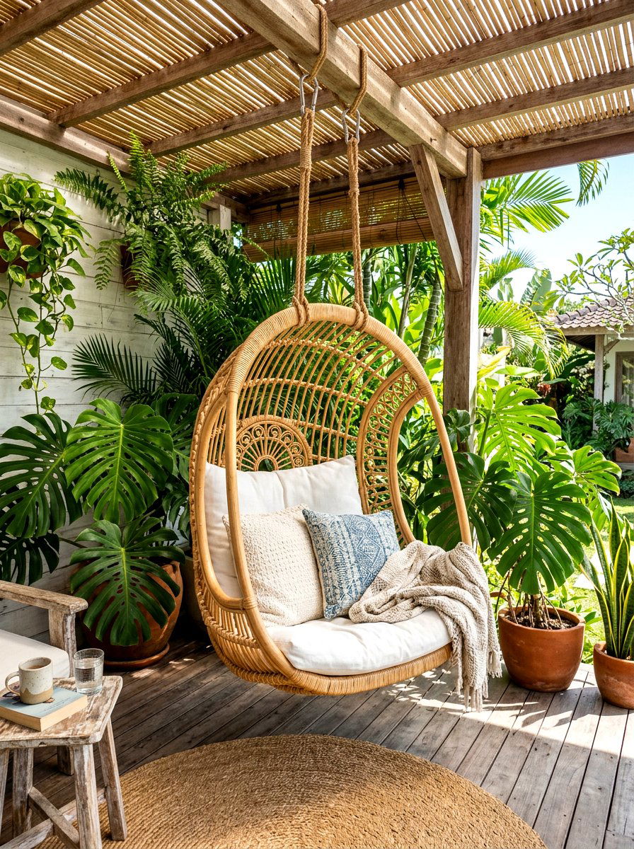 Hanging Rattan Chair - 30 tropical patio ideas