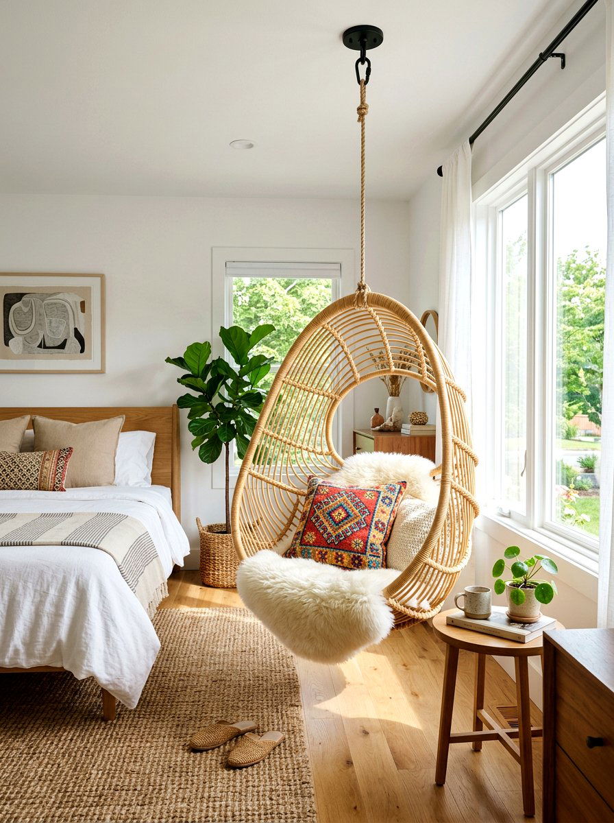 Hanging Rattan Chair - 30 Moroccan bedroom ideas
