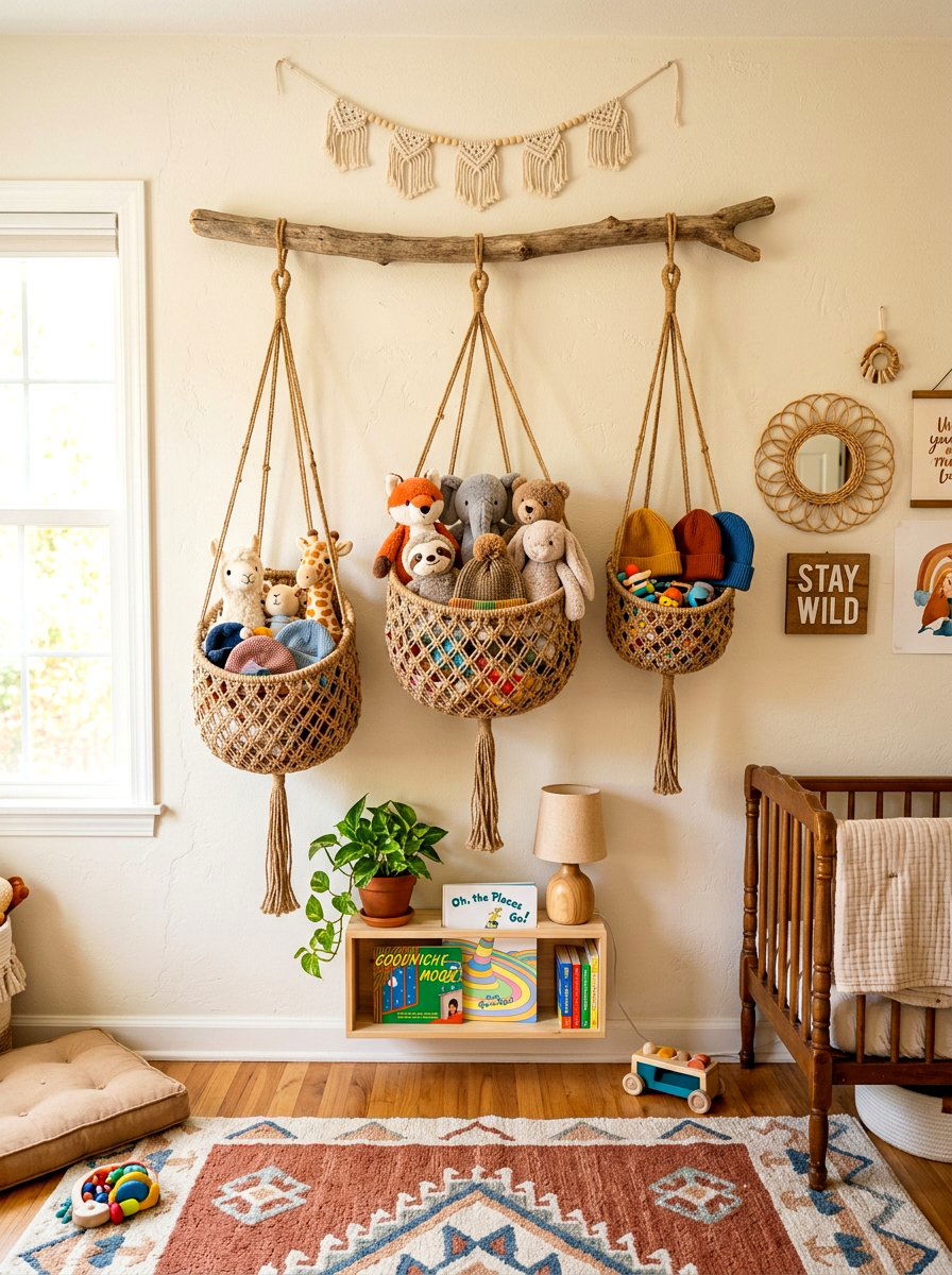 Hanging Rope Baskets - 30 toddler bedroom storage ideas