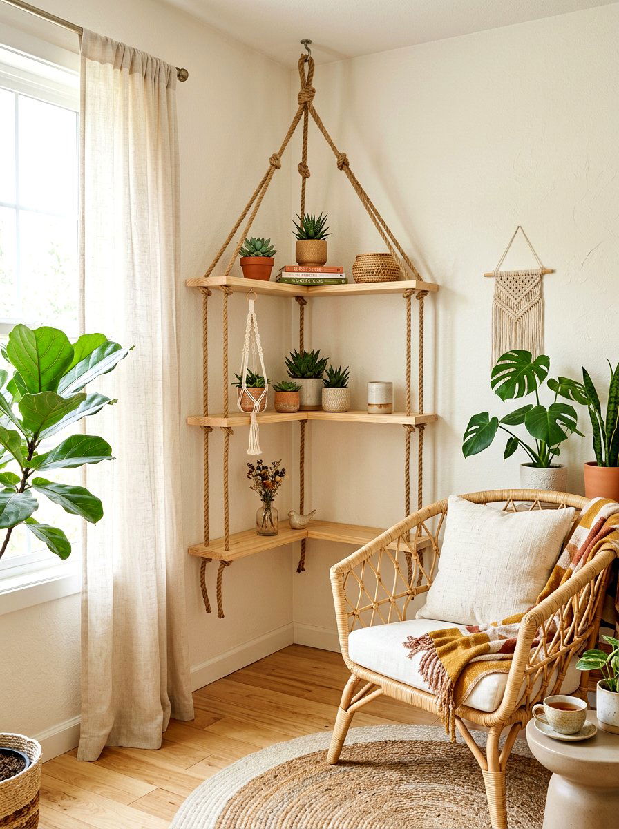 Hanging Rope Corner Shelves - 30 breakfast corner shelves ideas