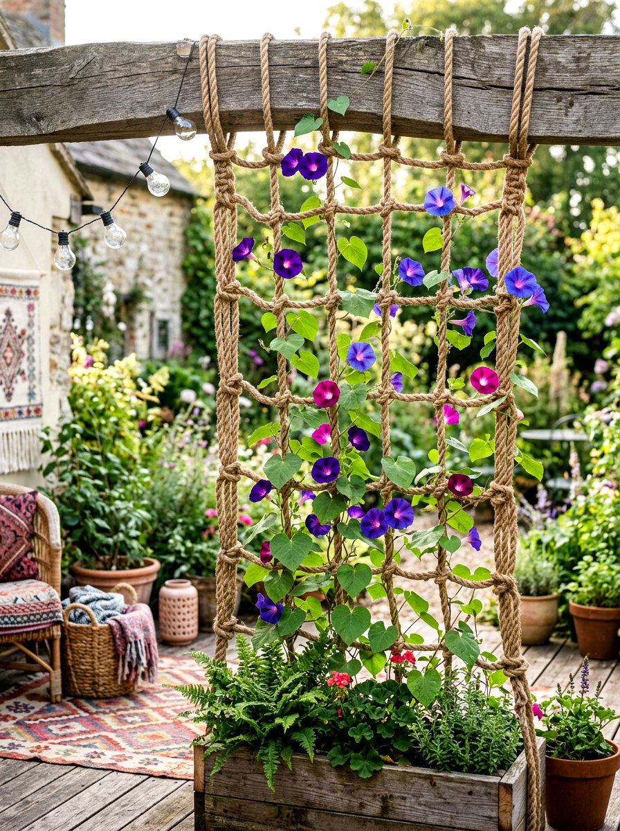 Hanging Rope Garden Trellis - 30 vertical garden trellis ideas