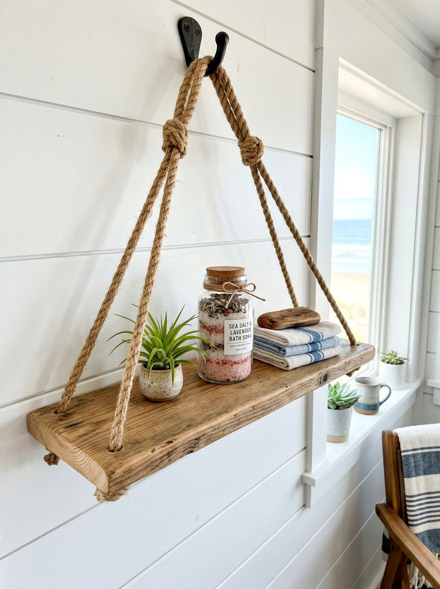 Hanging Rope Wood Shelf - 30 bathroom shelf decor ideas