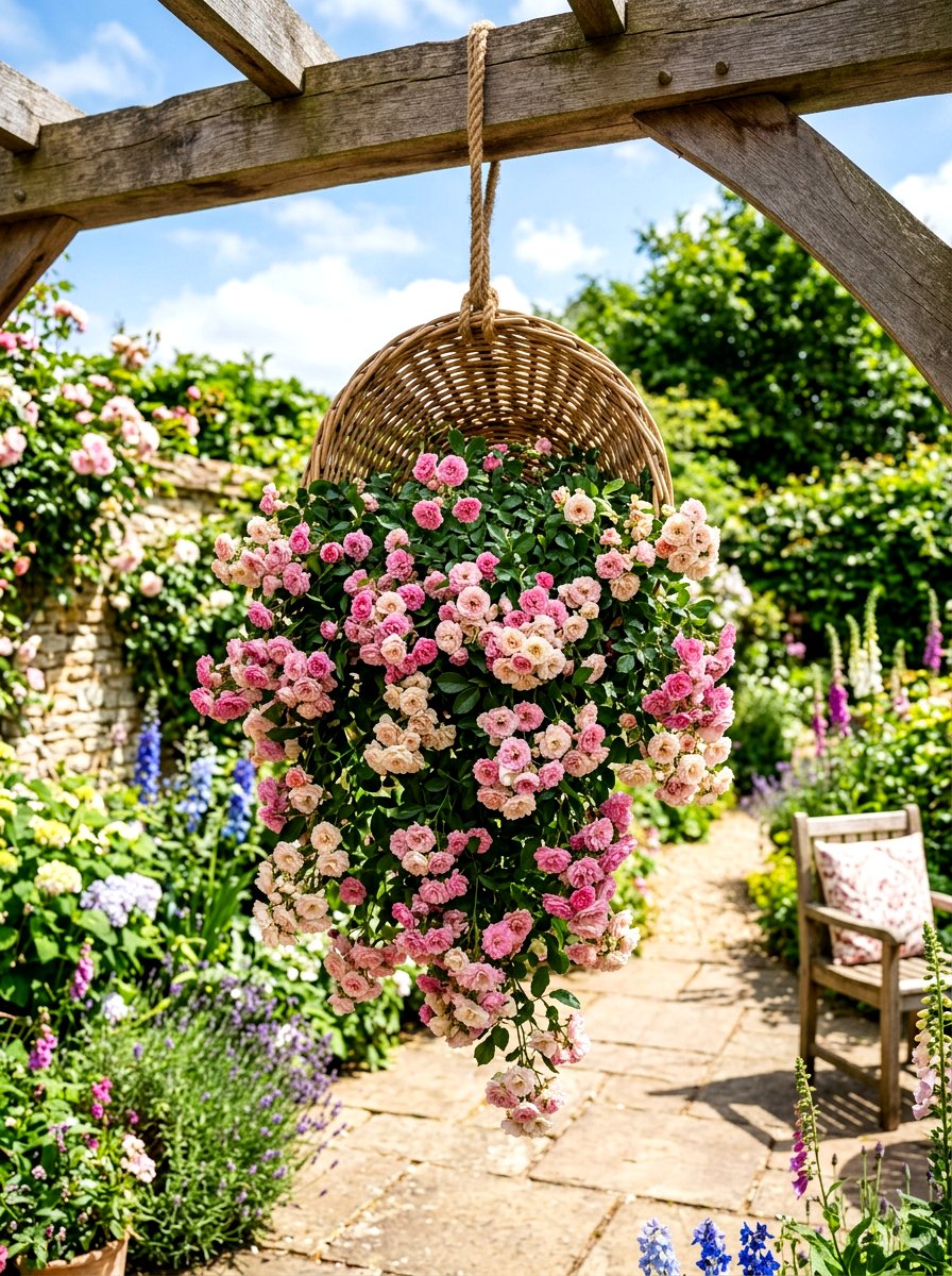 Hanging Rose Flower Basket - 30 porch rose planter ideas