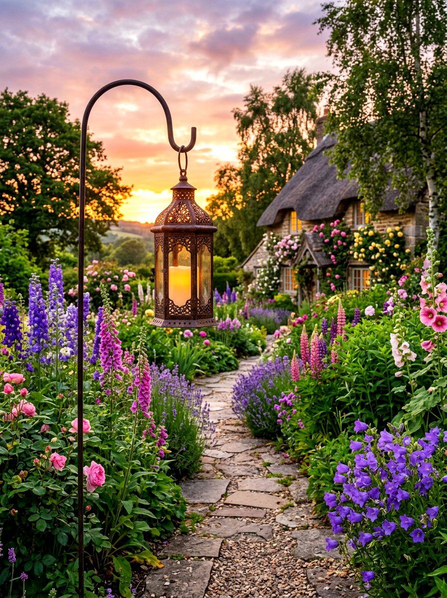 Hanging Shepherd Hook Lantern - 30 lantern pathway ideas