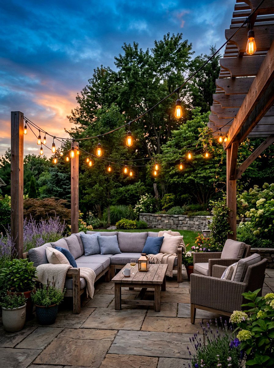 Hanging String Lights - 30 courtyard patio ideas