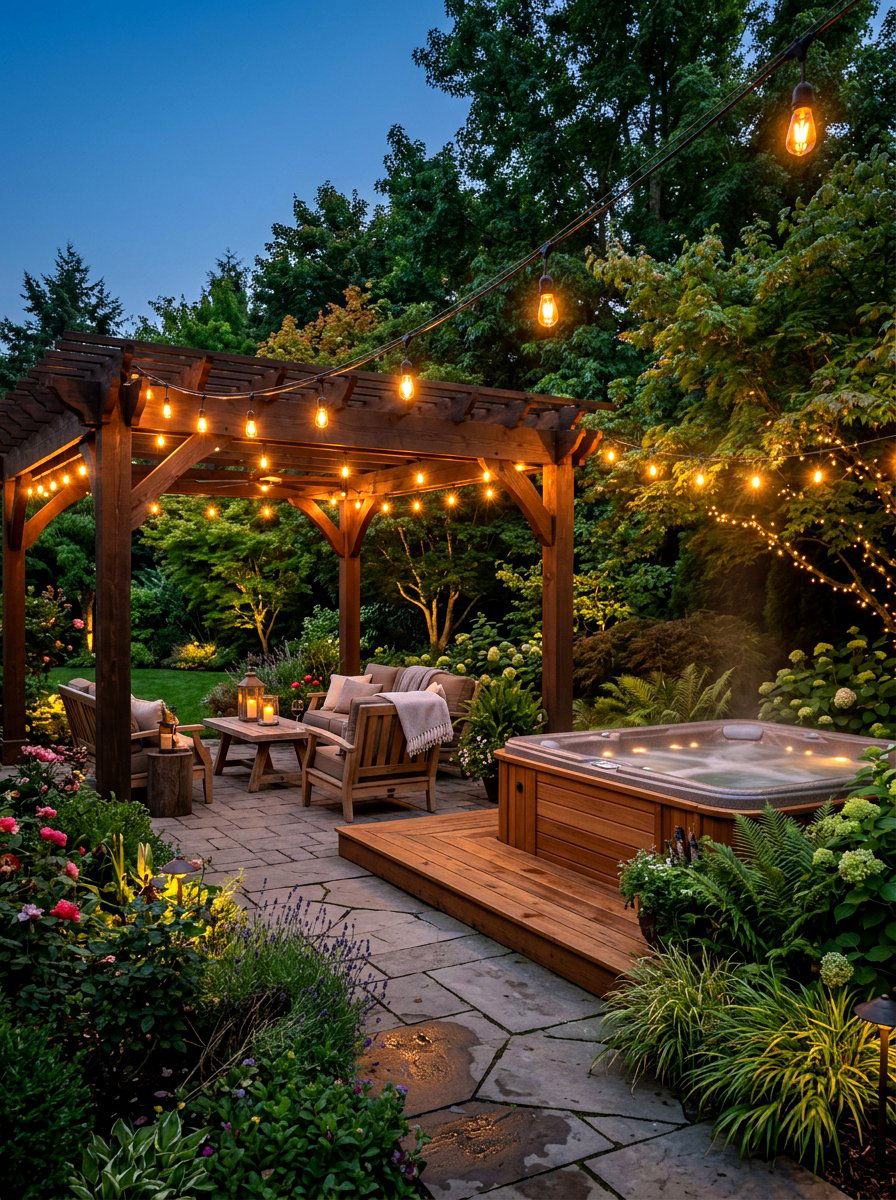 Hanging String Lights - 30 backyard spa retreat ideas