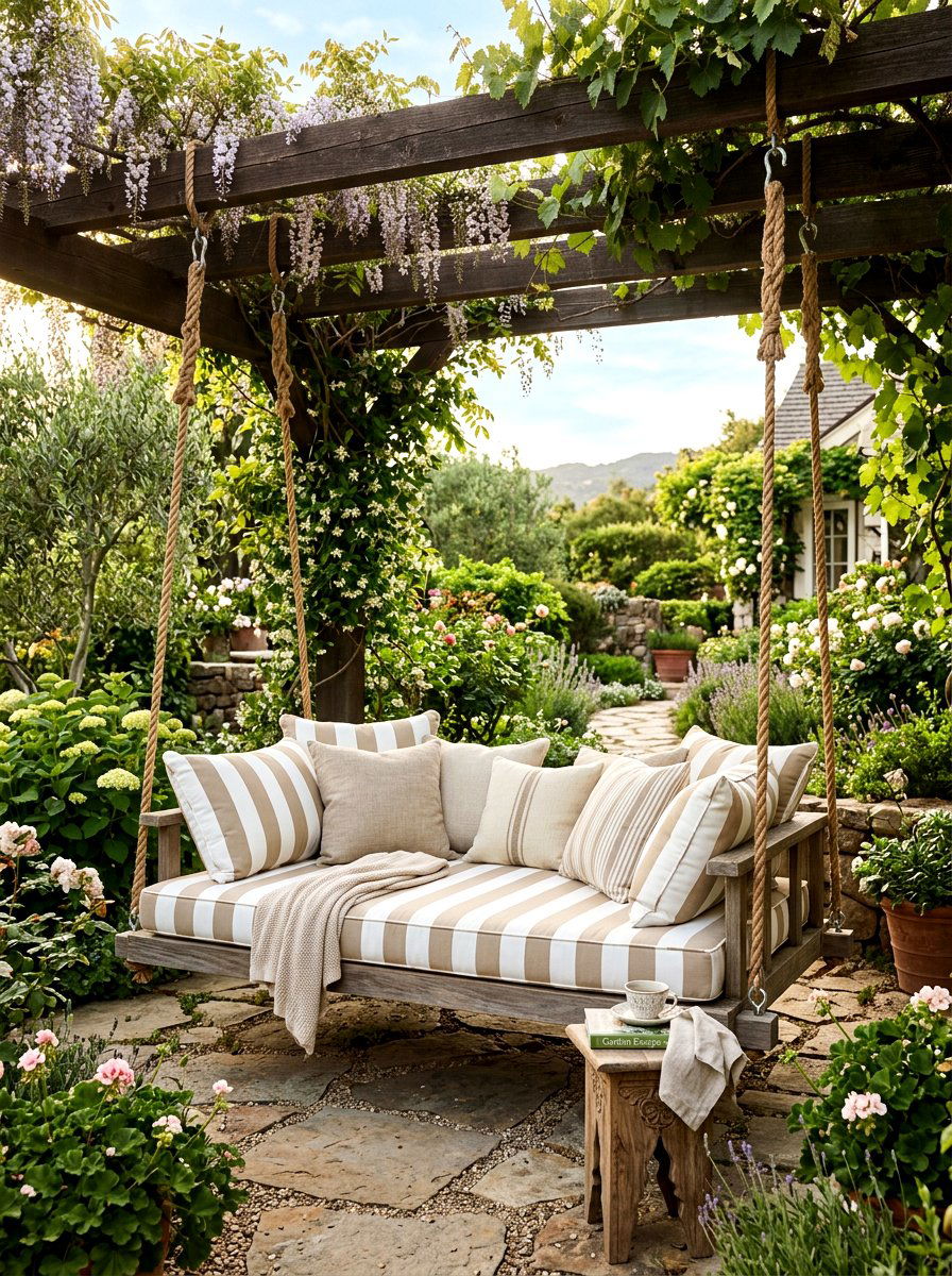 Hanging Striped Daybed Garden Escape - 30 striped cabana backyard ideas
