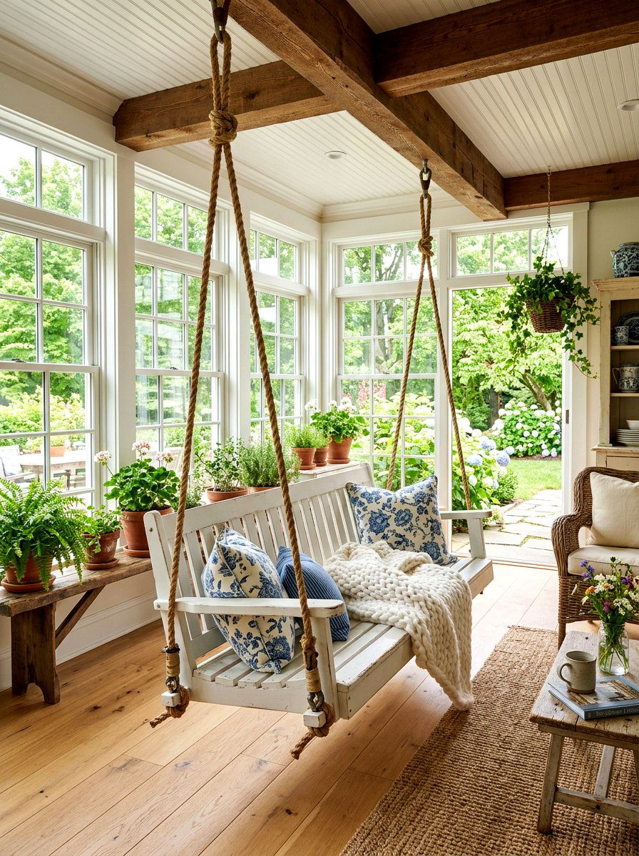 Hanging Swing Sunroom - 30 farmhouse sunroom ideas
