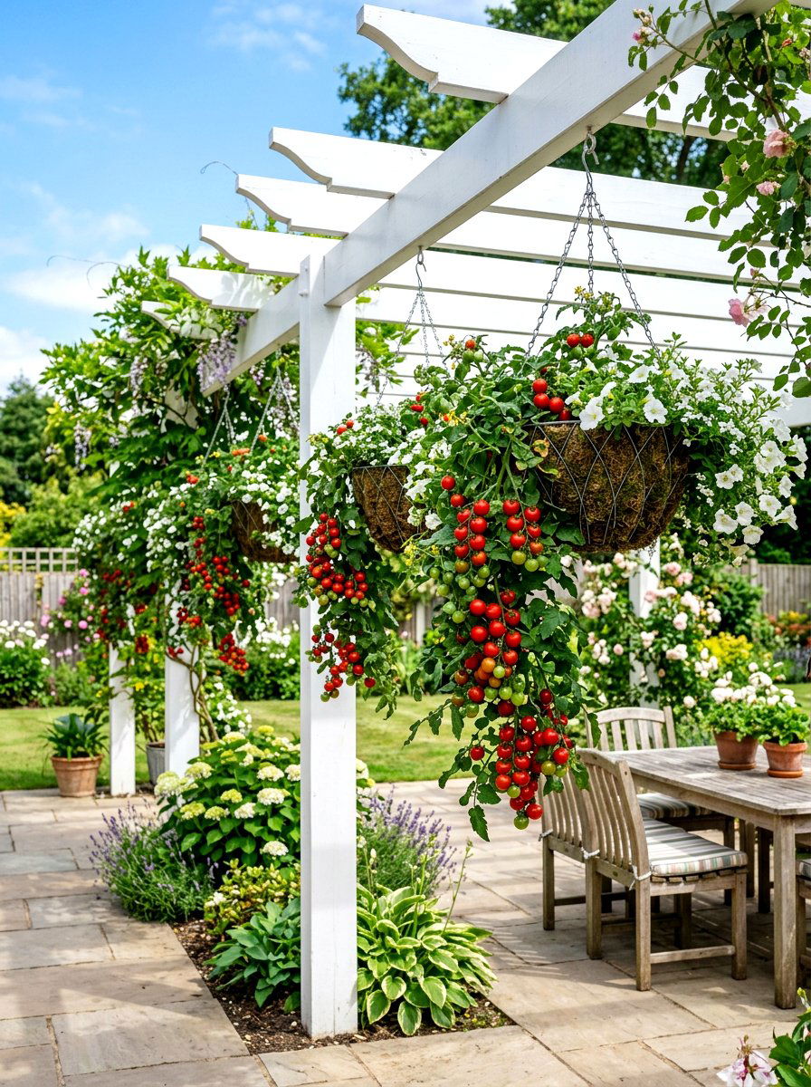 Hanging Tomato Baskets - 30 edible patio garden ideas