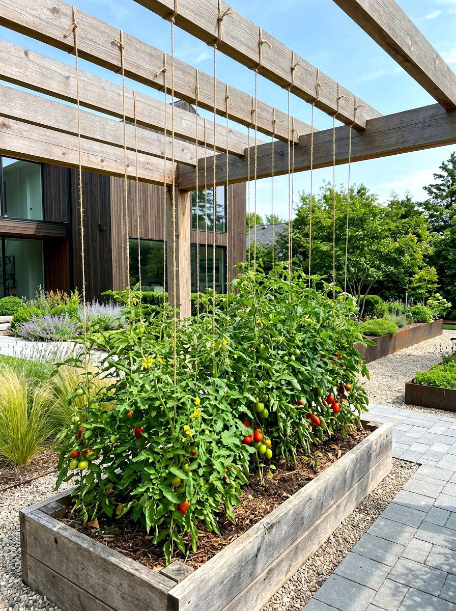 Hanging Twine Trellis System - 30 raised bed trellis ideas