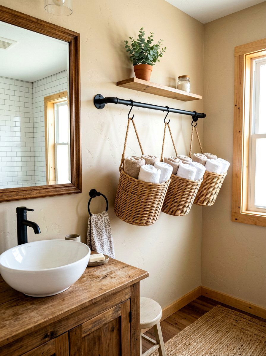 Hanging Wicker Baskets - 30 tiny bathroom storage ideas