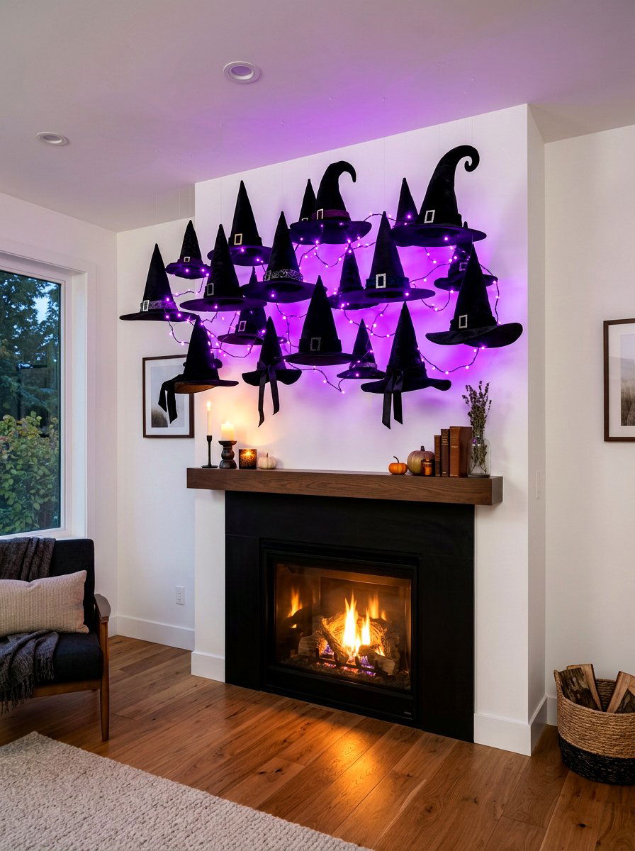 Hanging Witch Hats - 30 Halloween mantel decor ideas