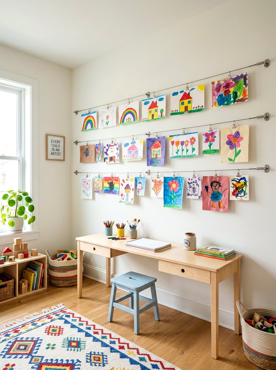 Hanging art display wire - 30 kids craft room ideas