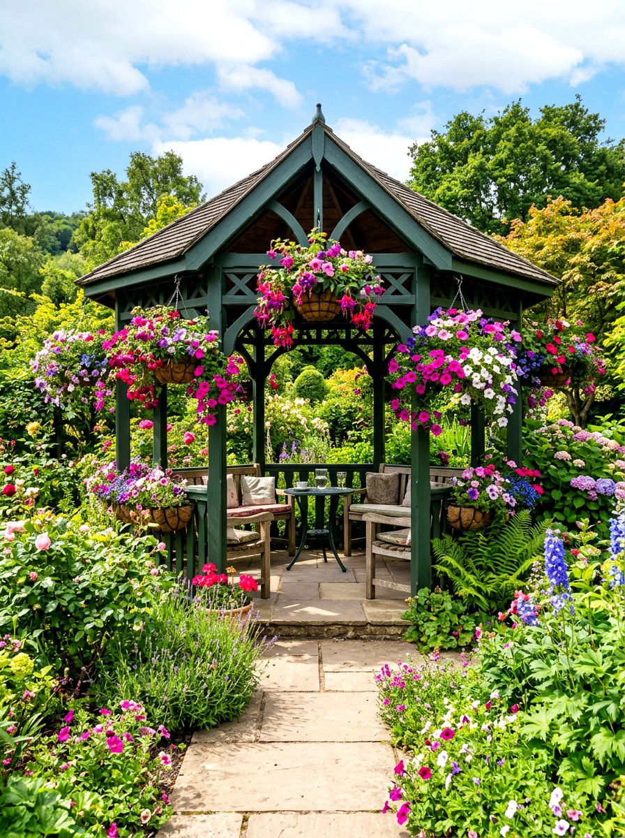 Hanging basket gazebo garden - 30 gazebo flower garden ideas