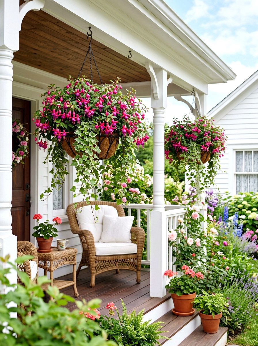 Hanging basket porch decor - 30 front porch planter ideas