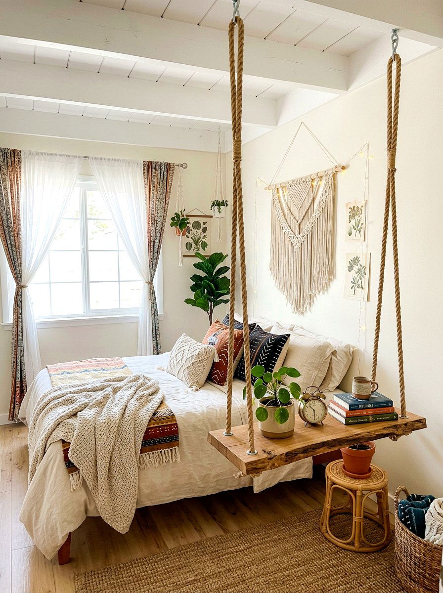 Hanging bedside swing shelf - 30 guest room nightstand ideas