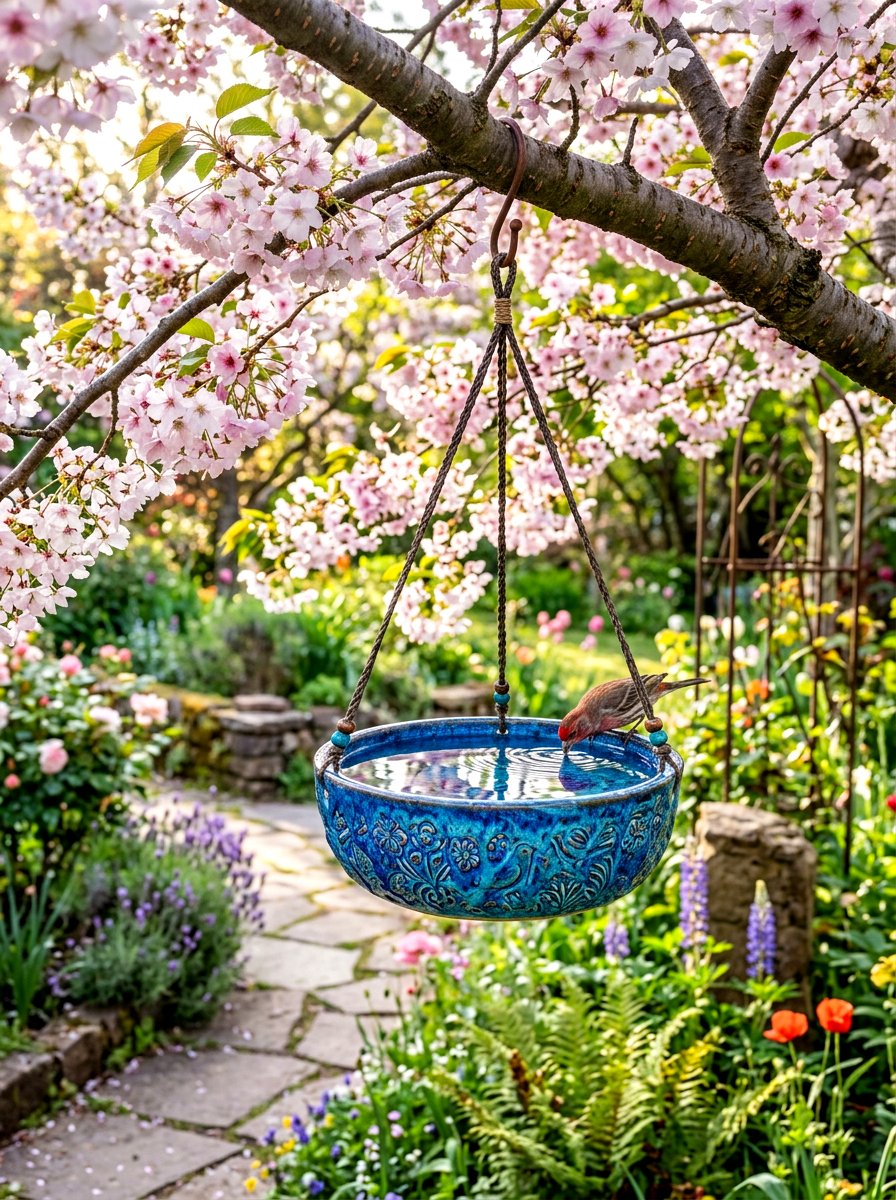 Hanging ceramic bird bath - 30 front yard bird bath ideas