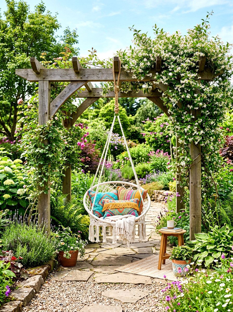 Hanging chair arbor - 30 garden arbor seating ideas