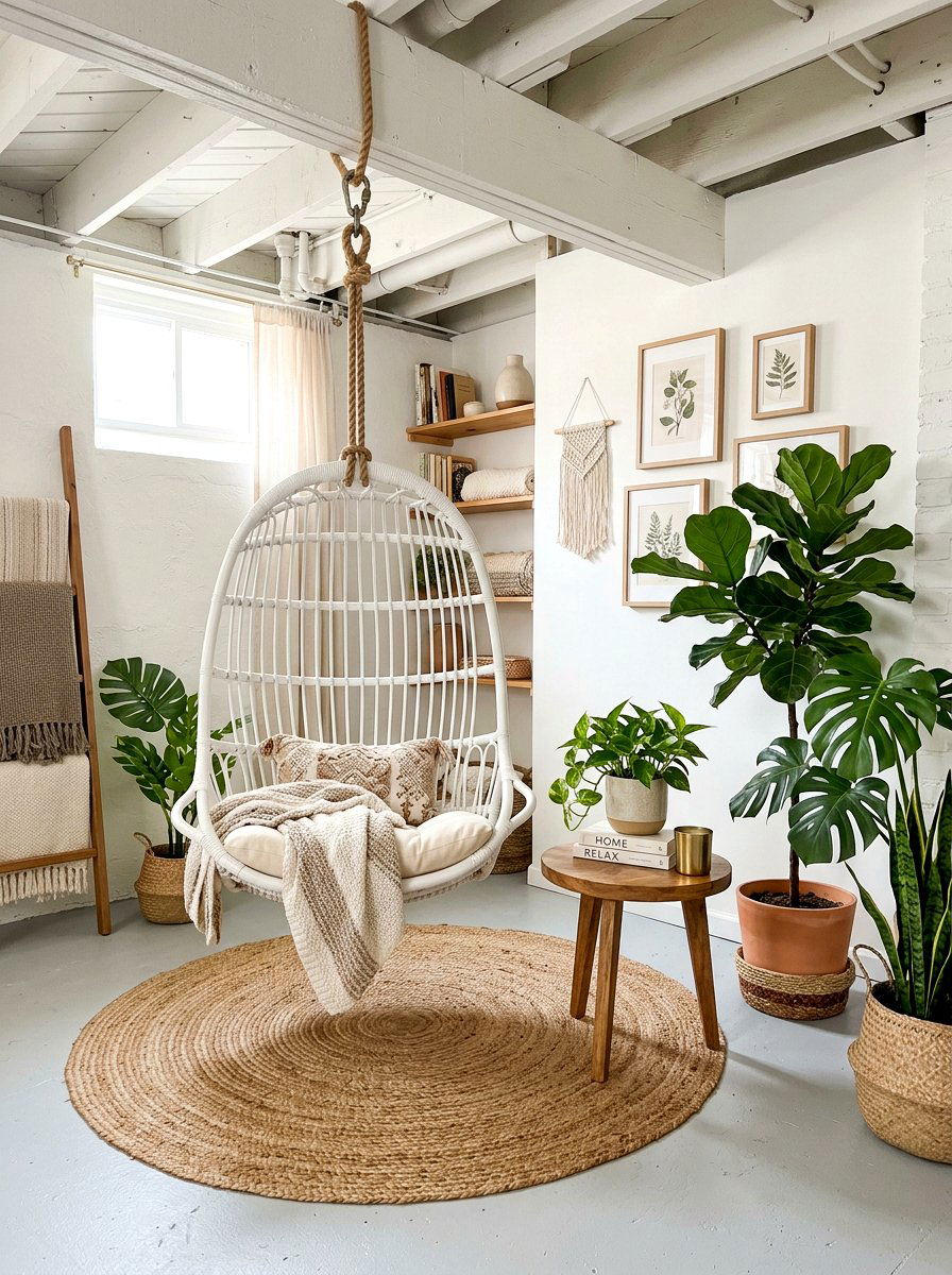 Hanging chair basement nook - 30 basement reading nook ideas