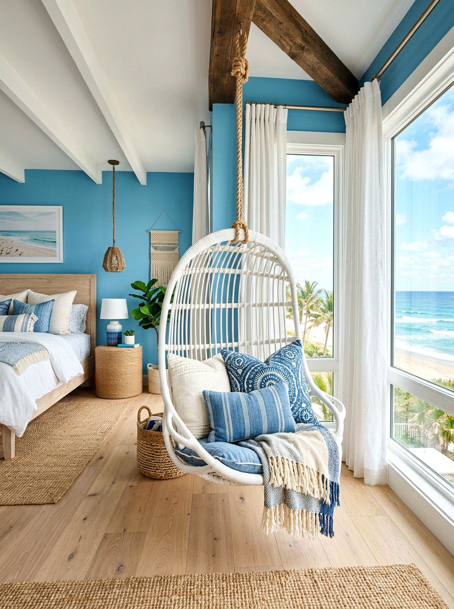 Hanging chair coastal bedroom - 30 beach cottage bedroom ideas