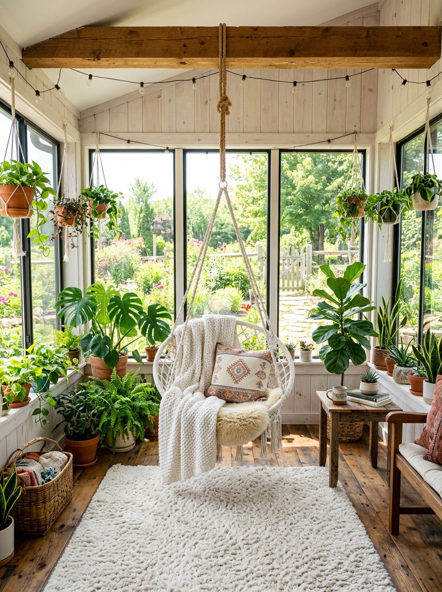 Hanging chair sunroom - 30 rustic sunroom ideas