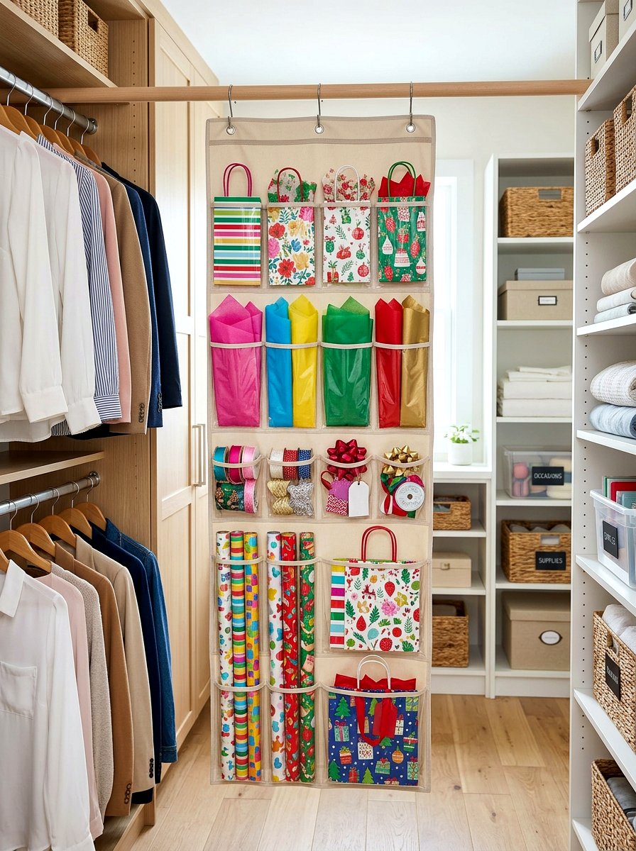 Hanging closet gift wrap organizer - 30 wrapping paper storage ideas
