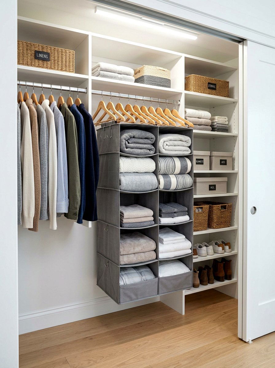 Hanging closet organizer - 30 bedding storage ideas